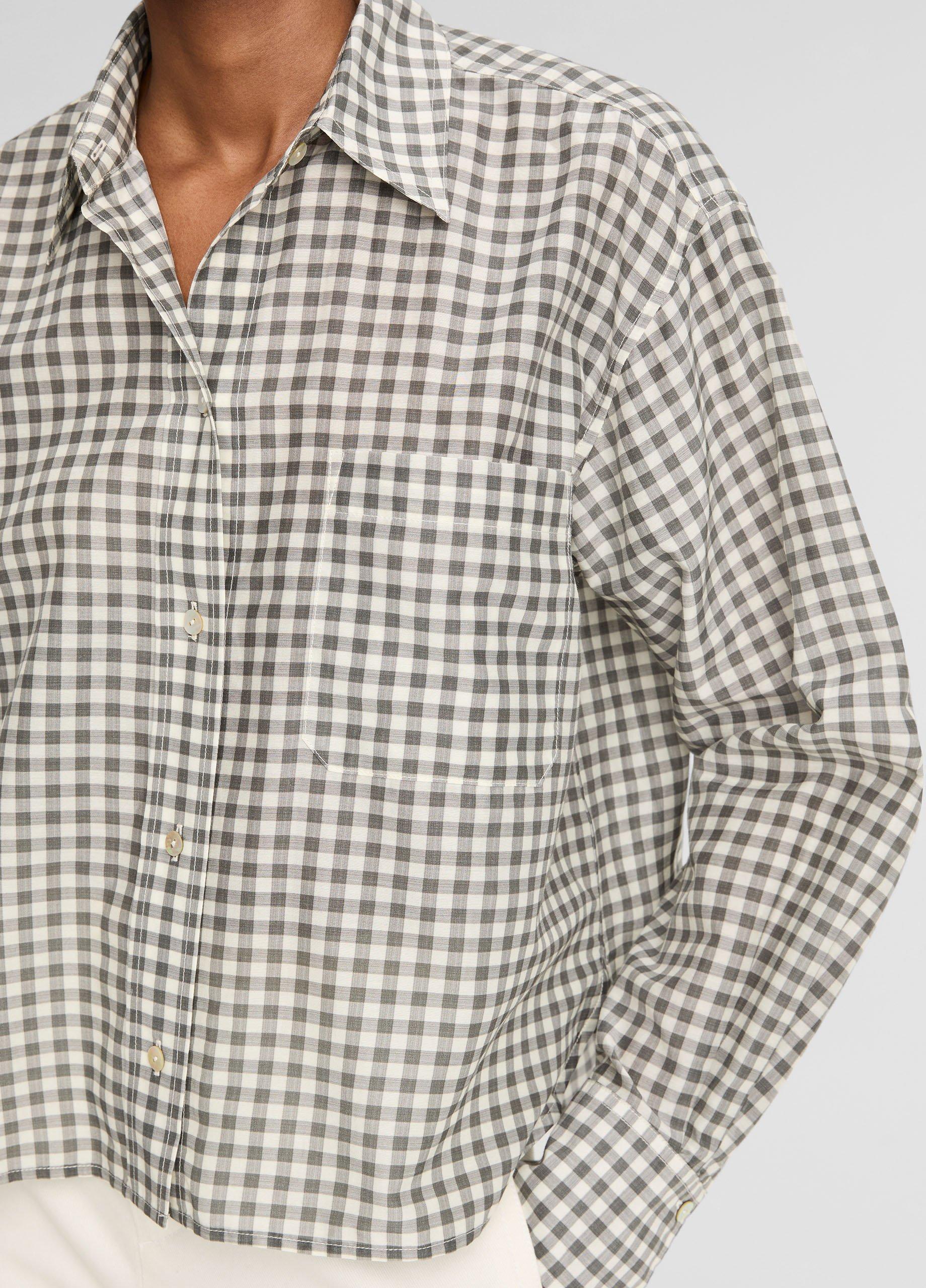 Gingham Cotton-Silk Cropped Button-Front Shirt image number 1