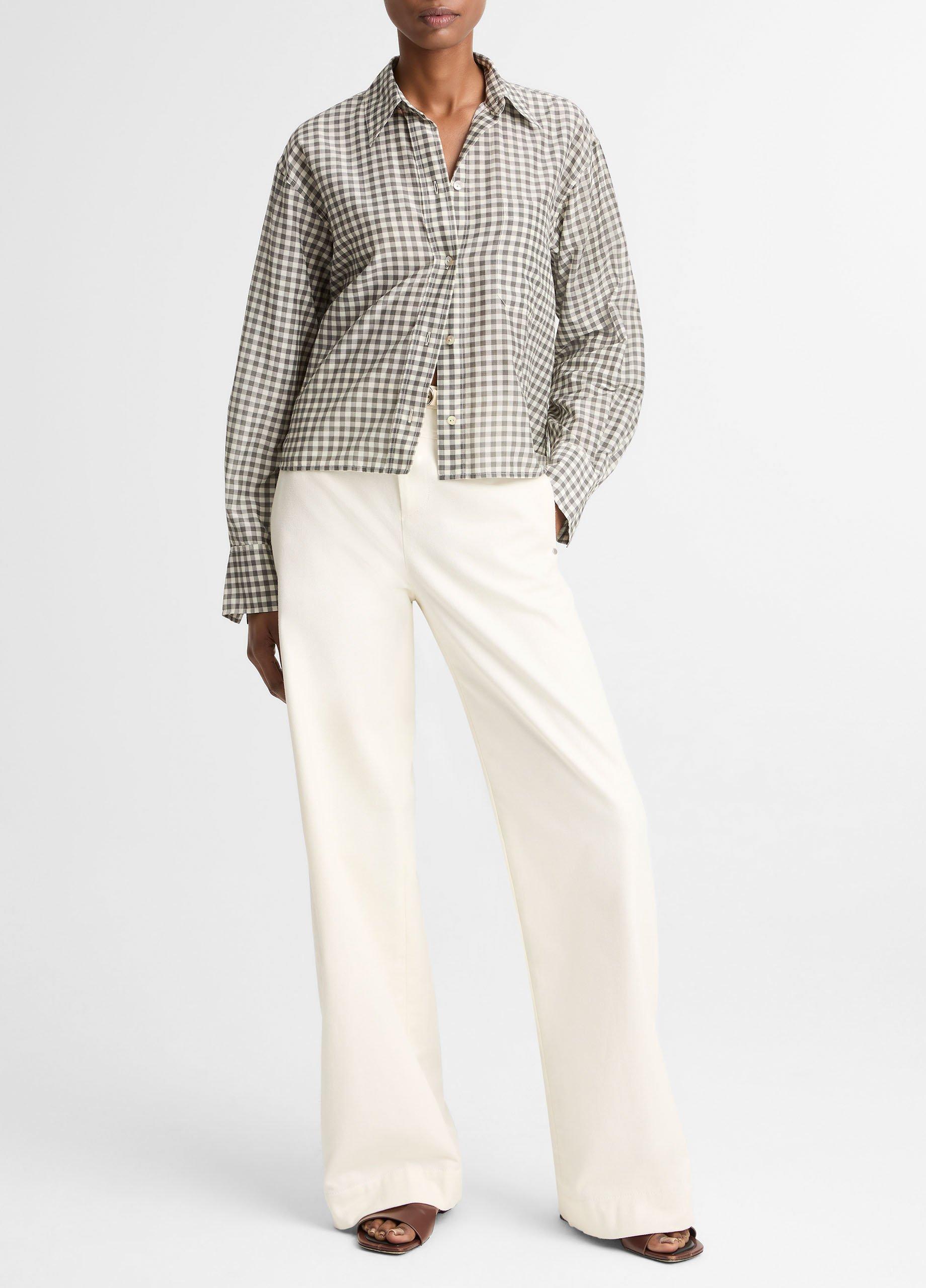 Gingham Cotton-Silk Cropped Button-Front Shirt image number 3