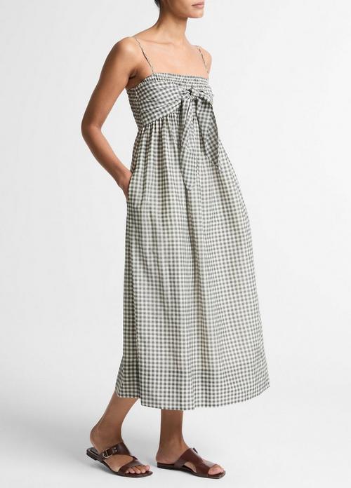 Gingham Cotton-Silk Tie Smocked Dress
