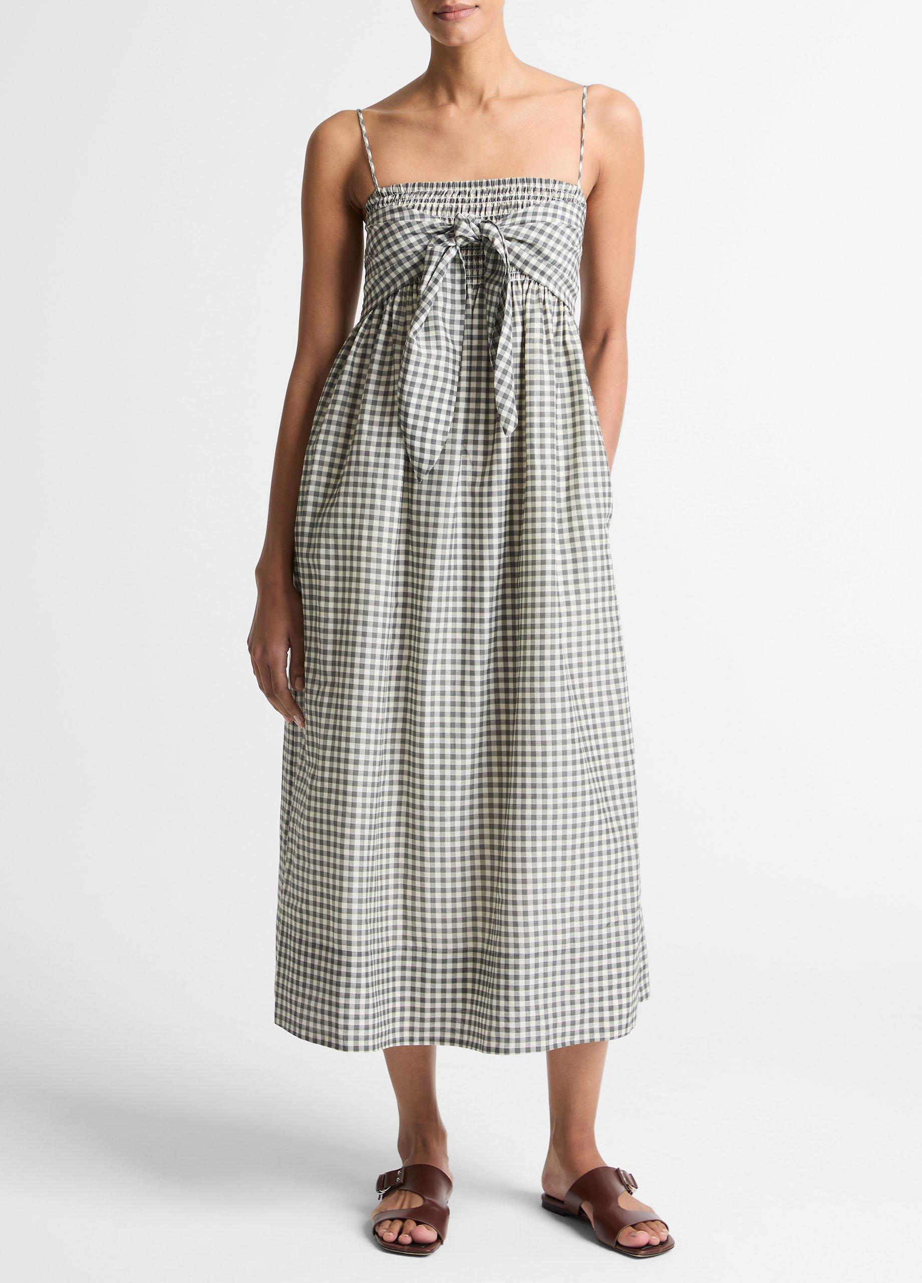 Gingham Cotton-Silk Tie Smocked Dress image number 1