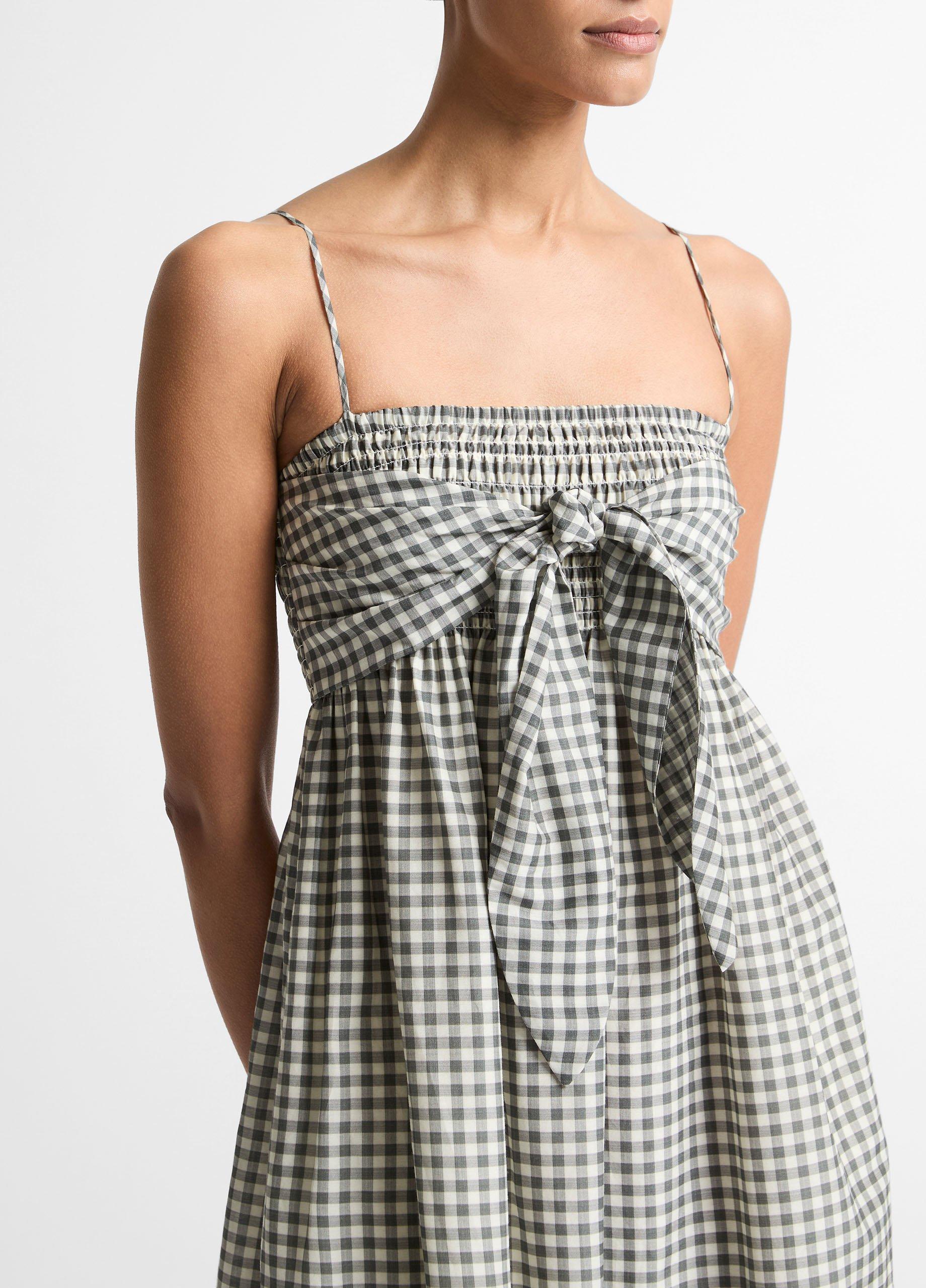 Gingham Cotton-Silk Tie Smocked Dress image number 3