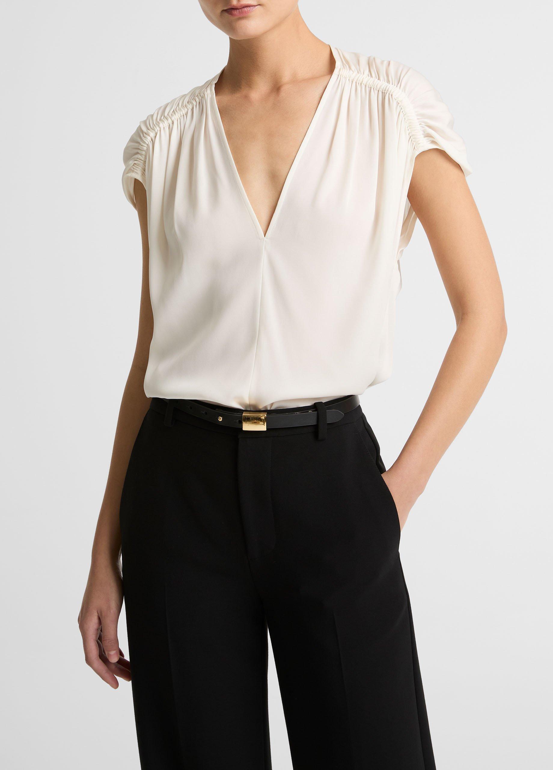 Stretch-Silk Gathered Cap-Sleeve Blouse image number 1