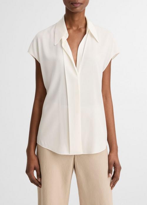 Stretch-Silk Hidden-Placket Cap-Sleeve Blouse