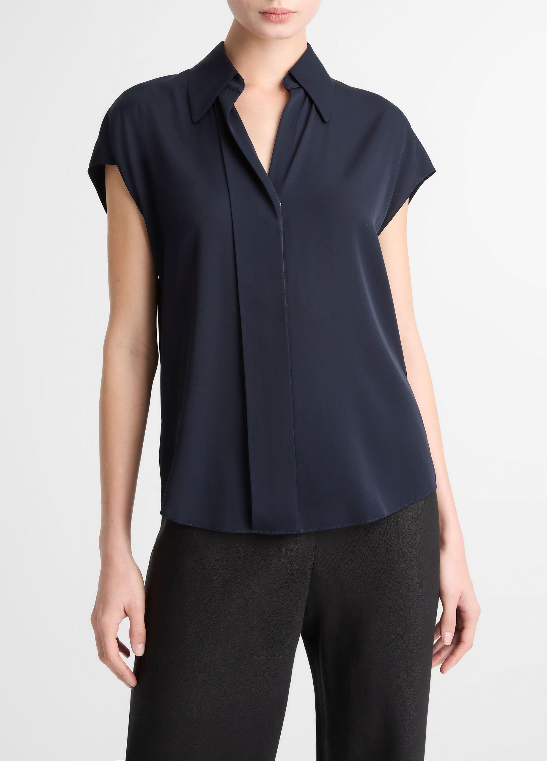 Stretch-Silk Hidden-Placket Cap-Sleeve Blouse image number 0