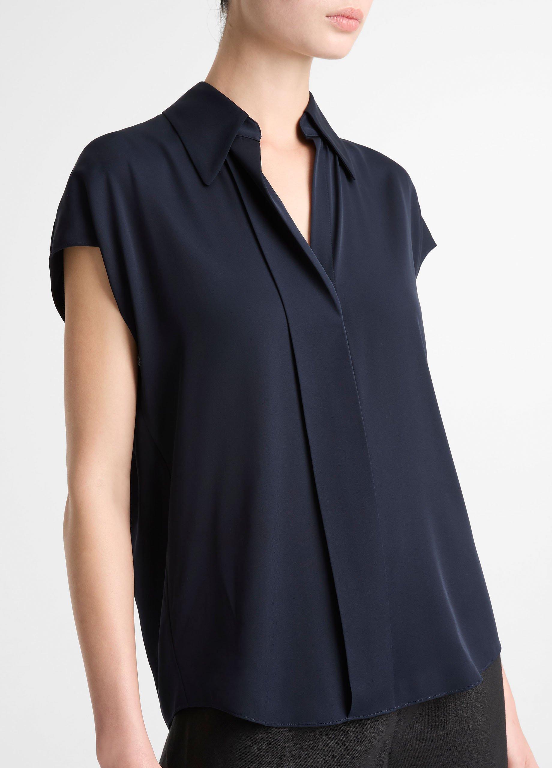 Stretch-Silk Hidden-Placket Cap-Sleeve Blouse image number 1