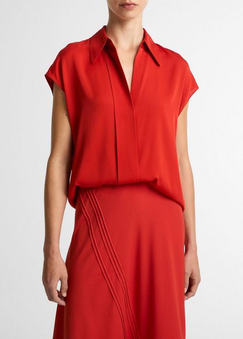 Stretch-Silk Hidden-Placket Cap-Sleeve Blouse
