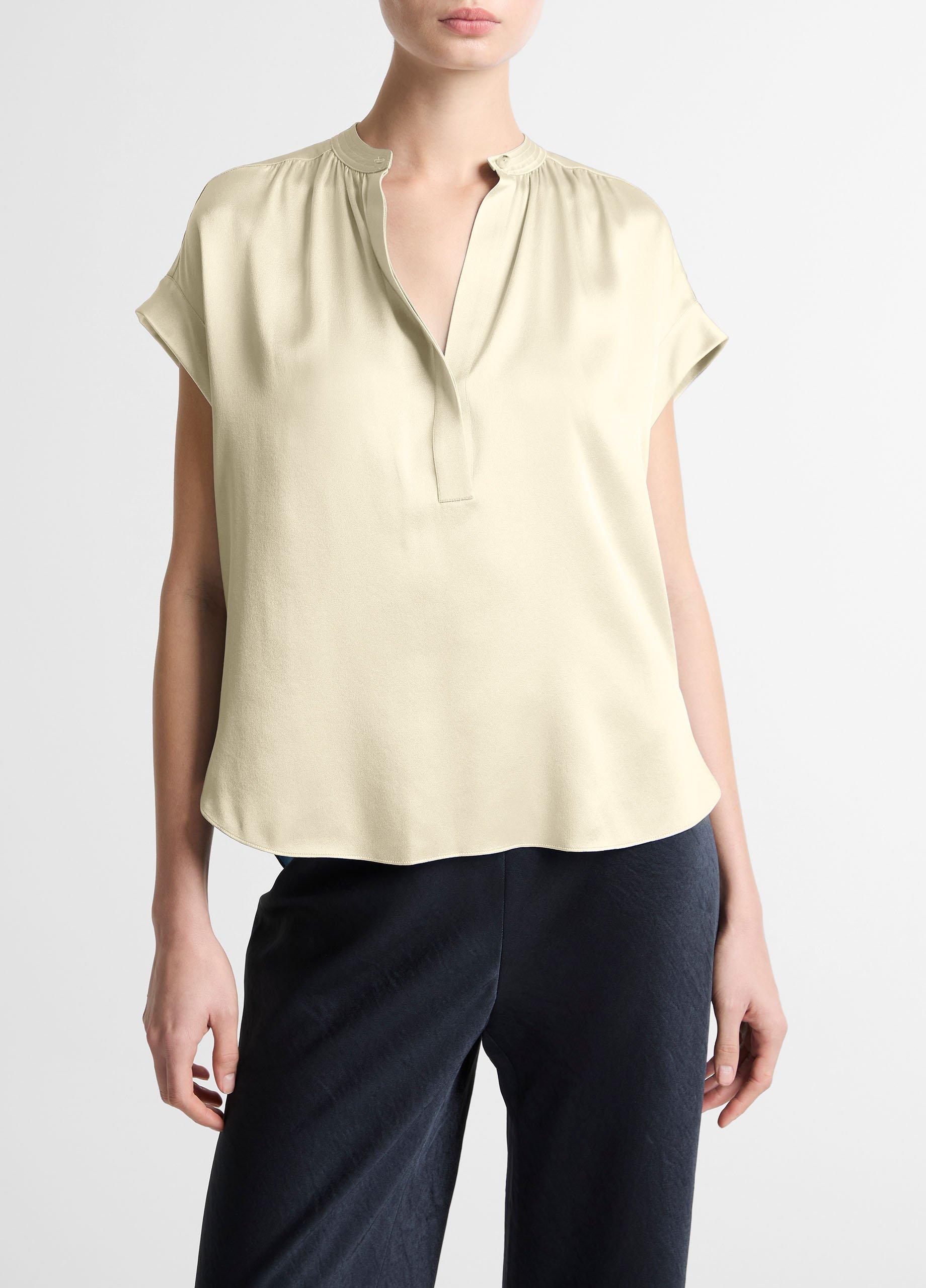 Silk Gathered Cap-Sleeve Blouse
