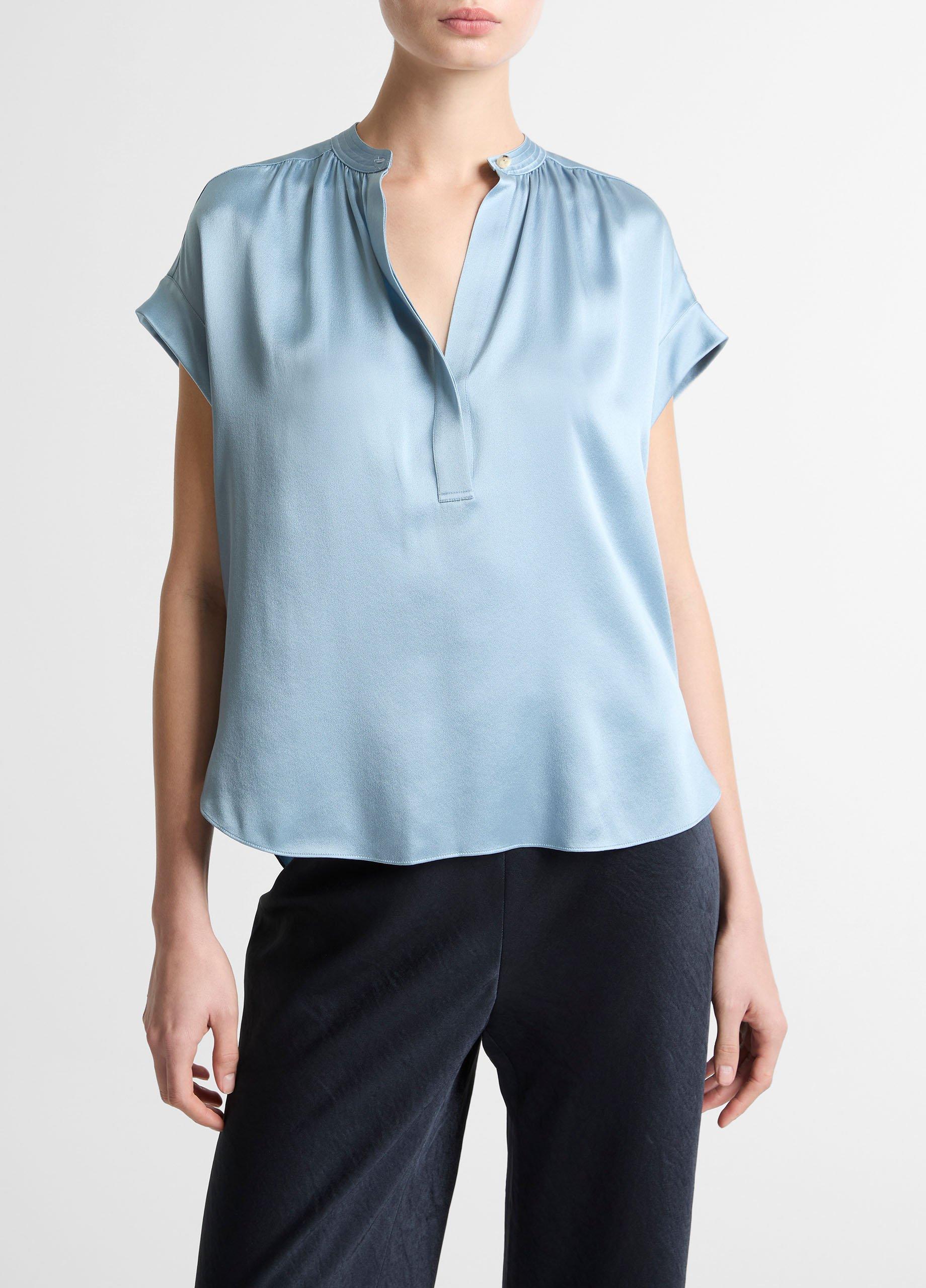 Silk Gathered Cap-Sleeve Blouse