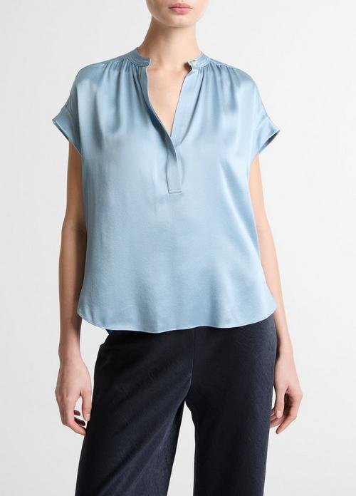 Silk Gathered Cap-Sleeve Blouse