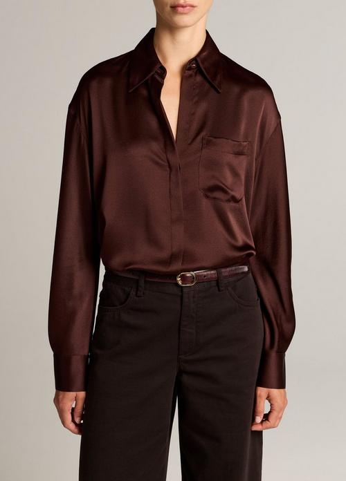 Silk Satin Dolman-Sleeve Button-Front Shirt