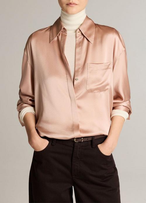 Silk Satin Dolman-Sleeve Button-Front Shirt