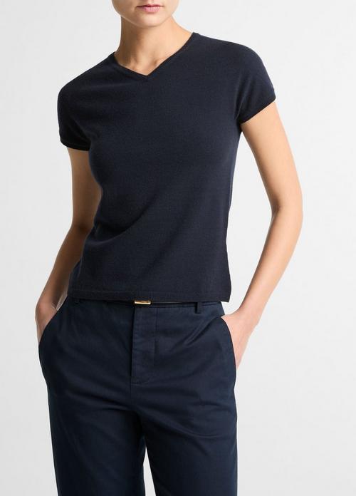 Wool & Cashmere-Blend High V-Neck Short-Sleeve Sweater