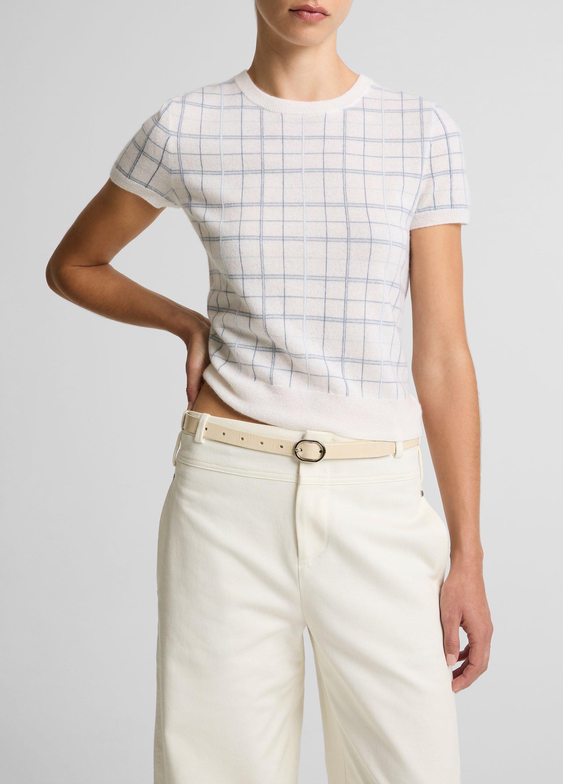 Plaid Cashmere-Blend Short-Sleeve Sweater image number 0