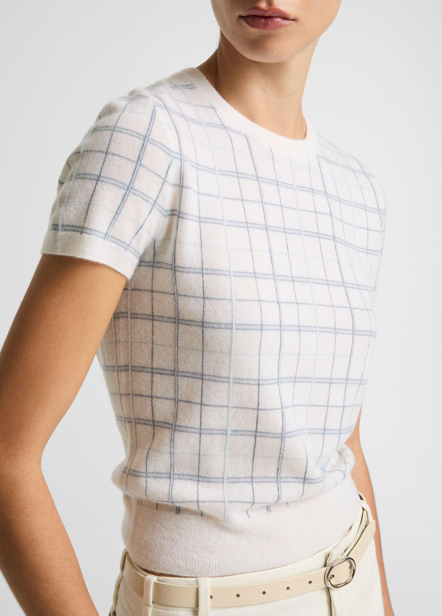 Plaid Cashmere-Blend Short-Sleeve Sweater image number 1