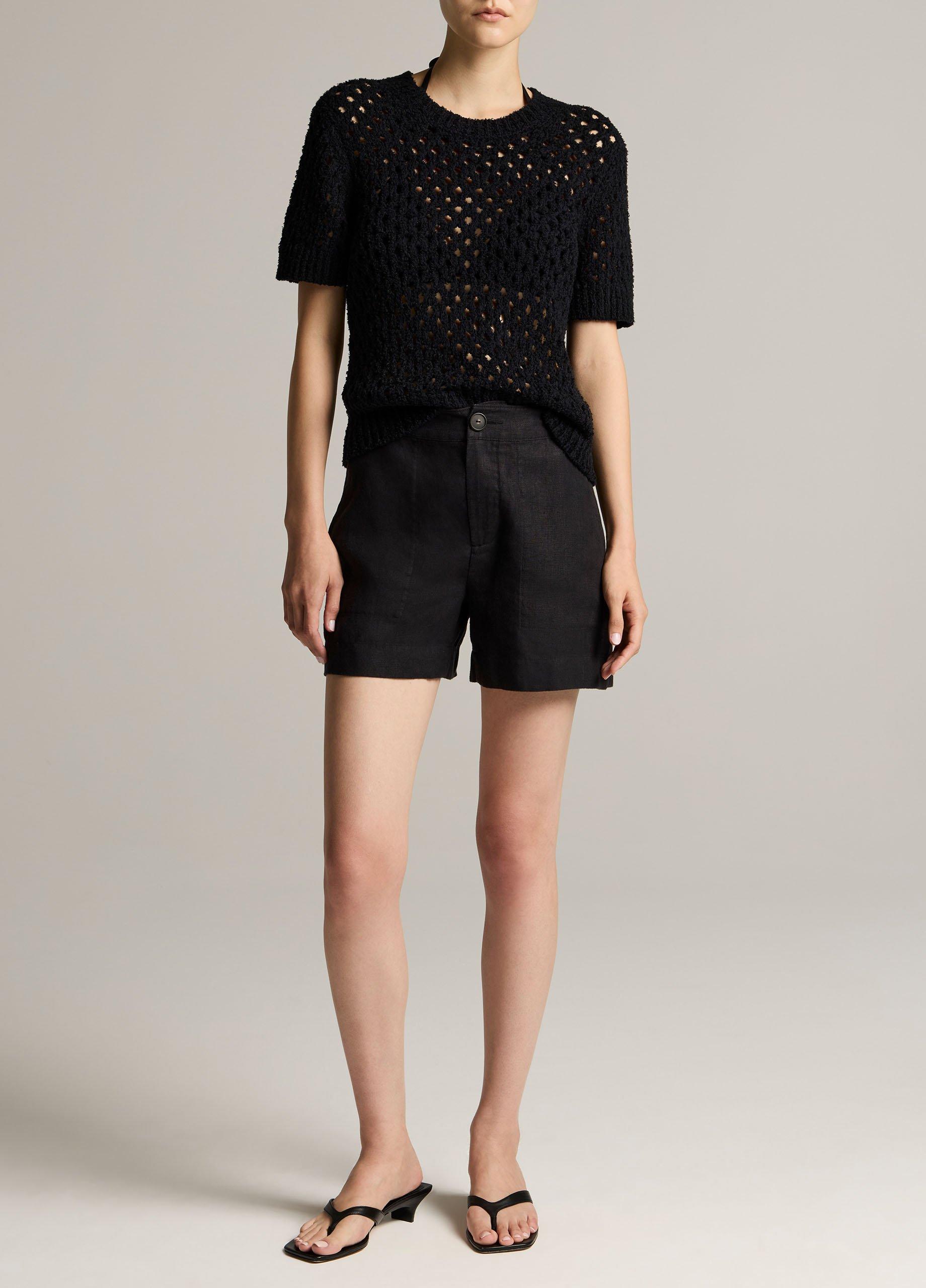 Honeycomb Italian Cotton & Linen-Blend Short-Sleeve Sweater image number 3