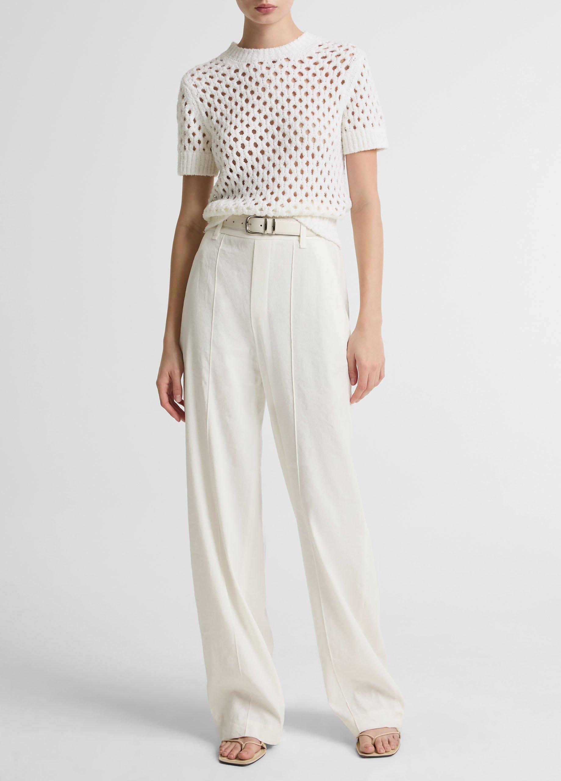 Honeycomb Italian Cotton & Linen-Blend Short-Sleeve Sweater image number 3