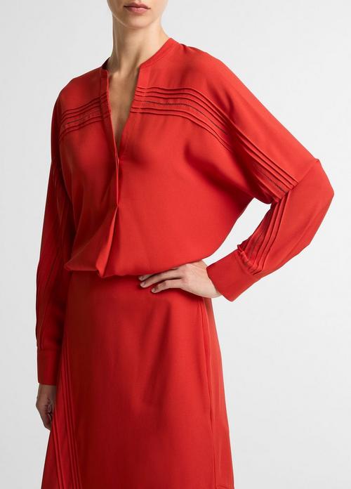 Pintuck Satin Half-Placket Blouse