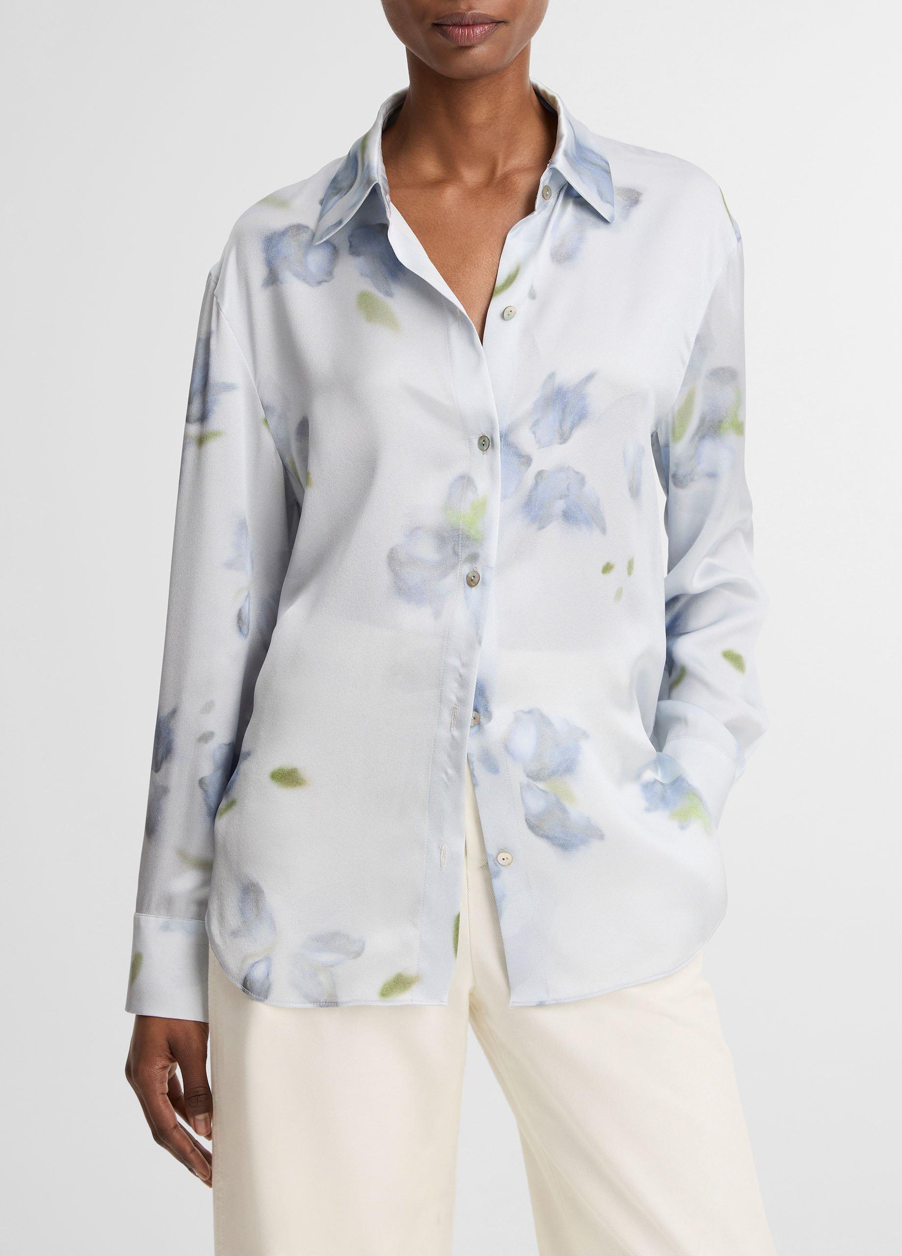 Petal Blur Silk Relaxed Button-Front Shirt