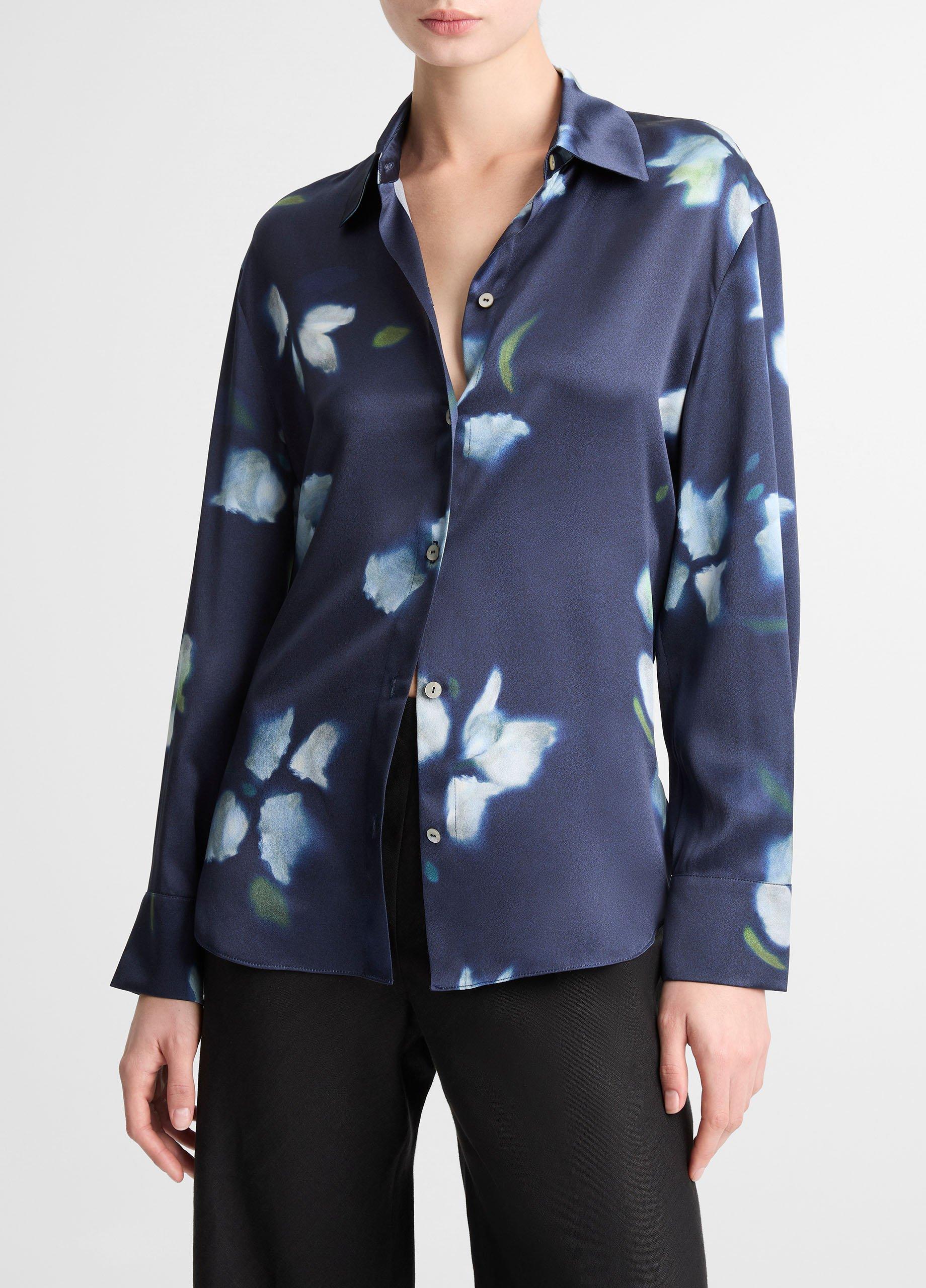 Petal Blur Silk Relaxed Button-Front Shirt image number 0