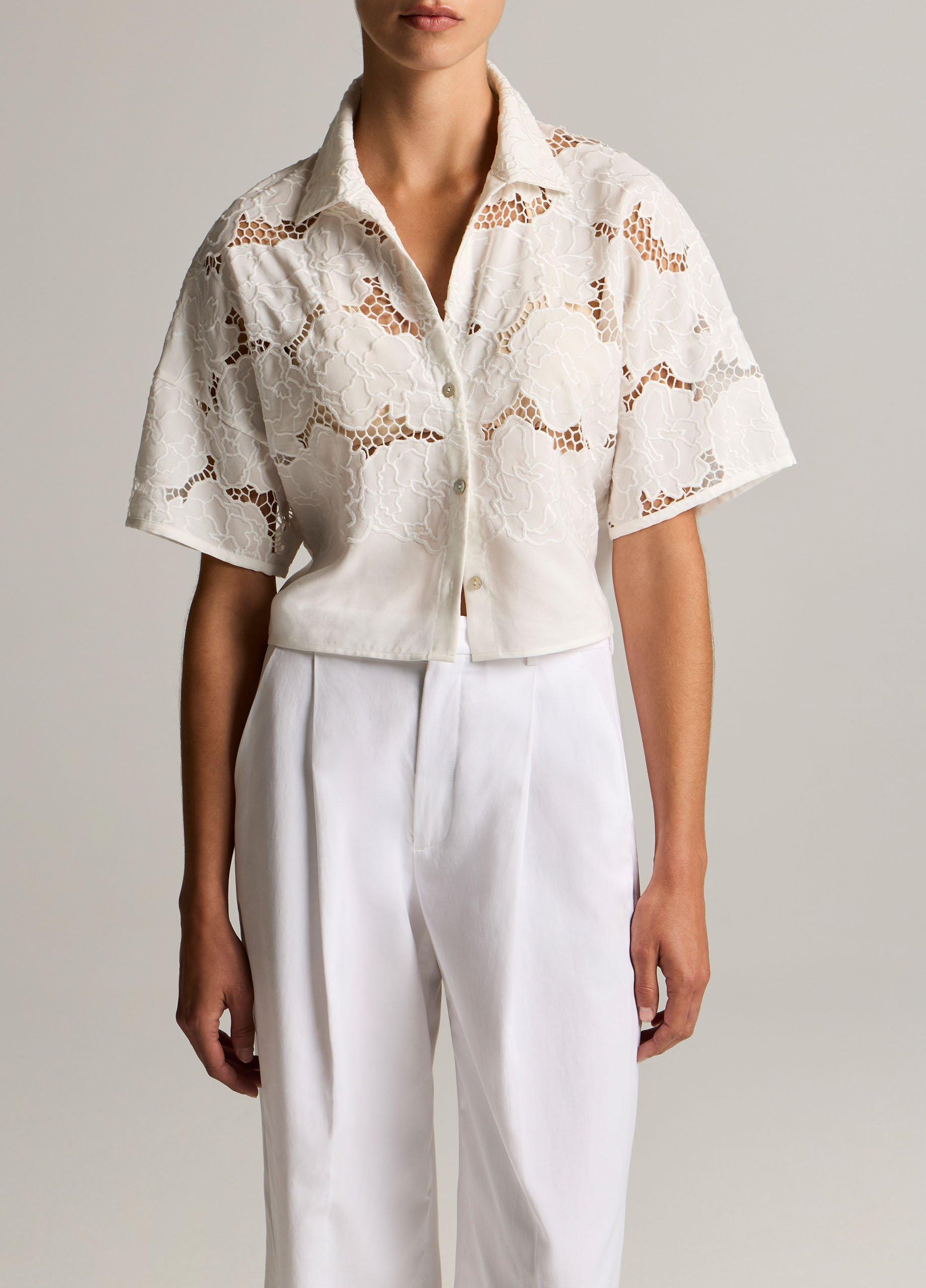 Lace Cropped Short-Sleeve Shirt from Vince - $428
