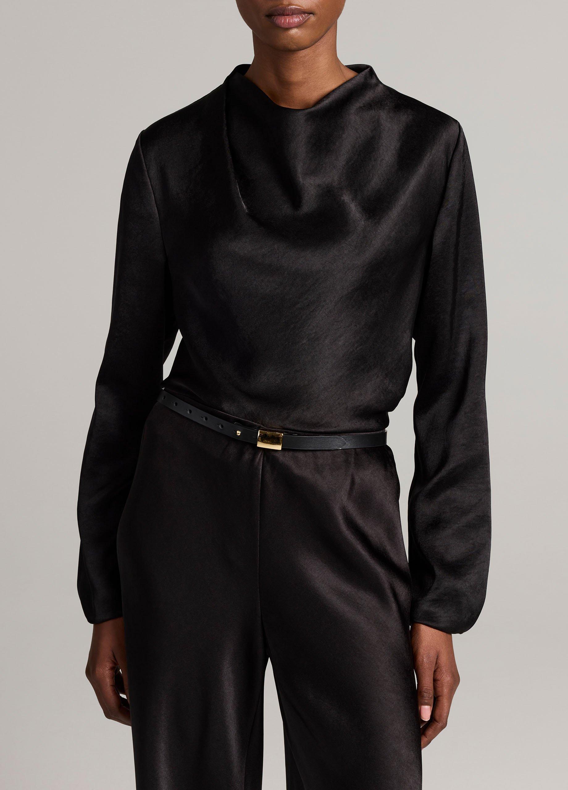 Satin Draped Cowl-Neck Long-Sleeve Top image number 0