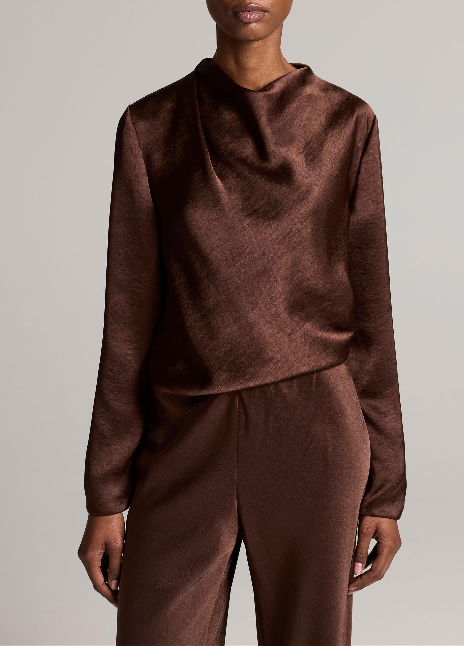 Satin Draped Cowl-Neck Long-Sleeve Top image number 0