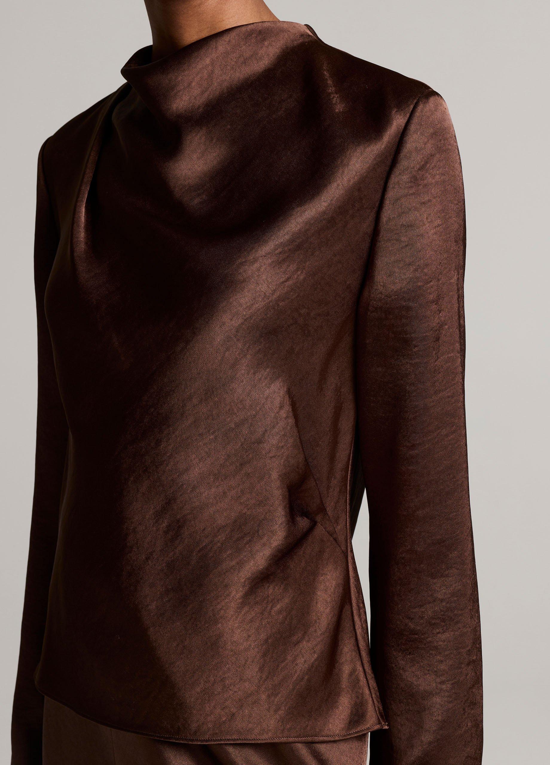 Satin Draped Cowl-Neck Long-Sleeve Top image number 1