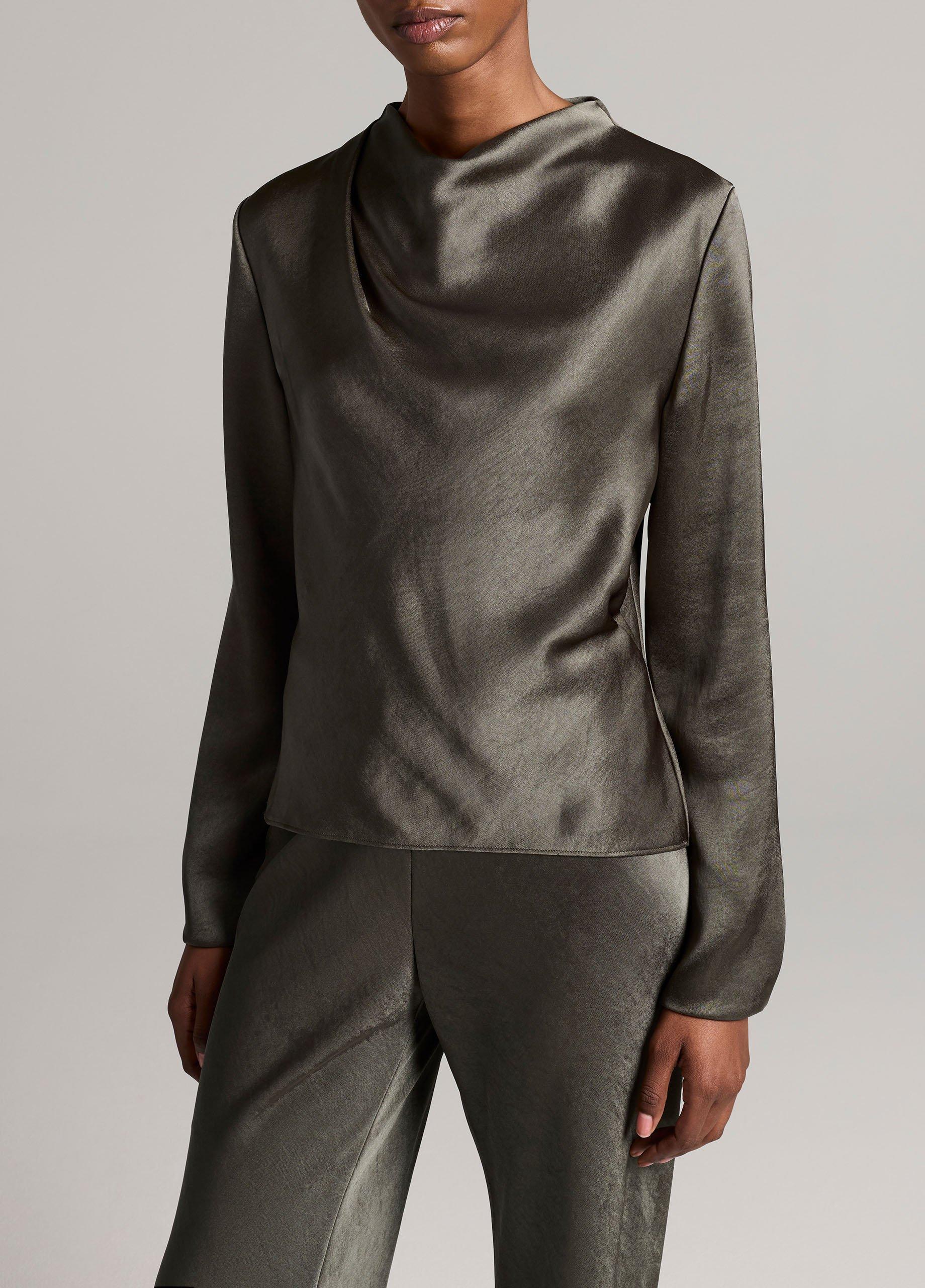 Satin Draped Cowl-Neck Long-Sleeve Top image number 0