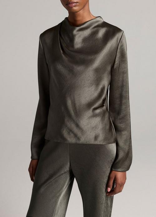 Satin Draped Cowl-Neck Long-Sleeve Top
