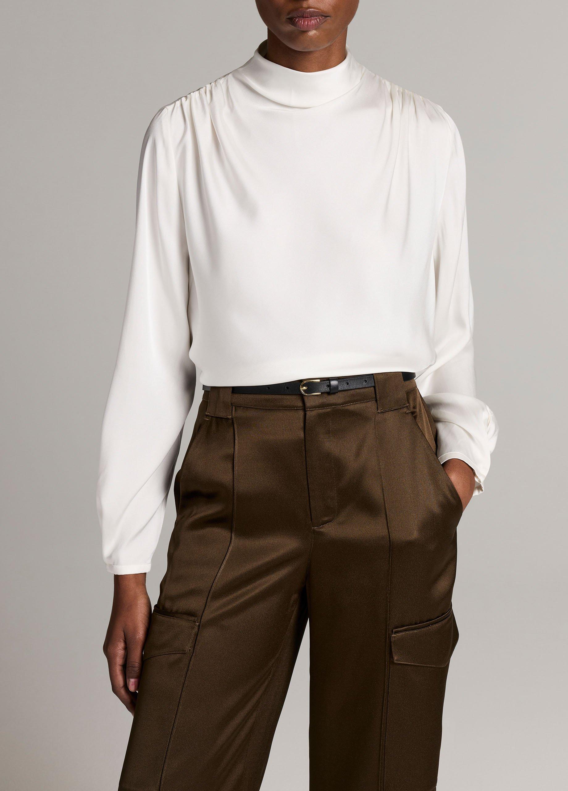 Silk-Blend Draped Cowl-Neck Long-Sleeve Top image number 0
