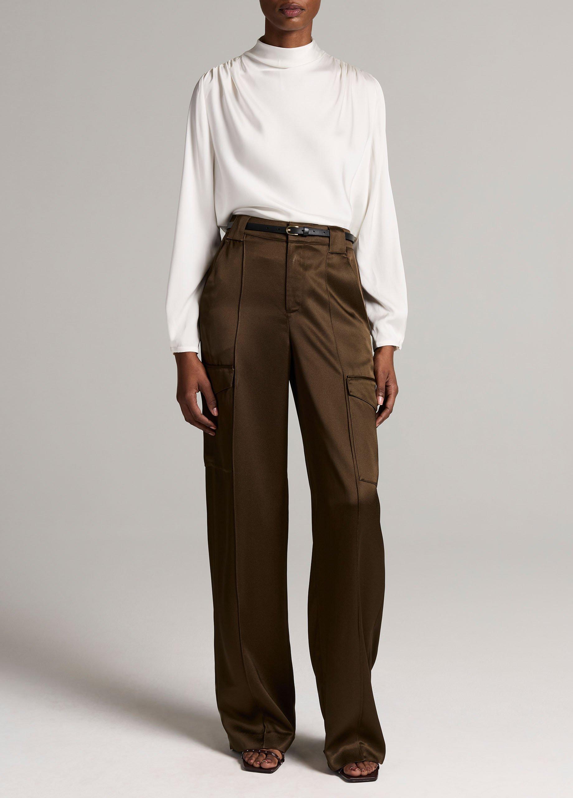 Silk-Blend Draped Cowl-Neck Long-Sleeve Top image number 3