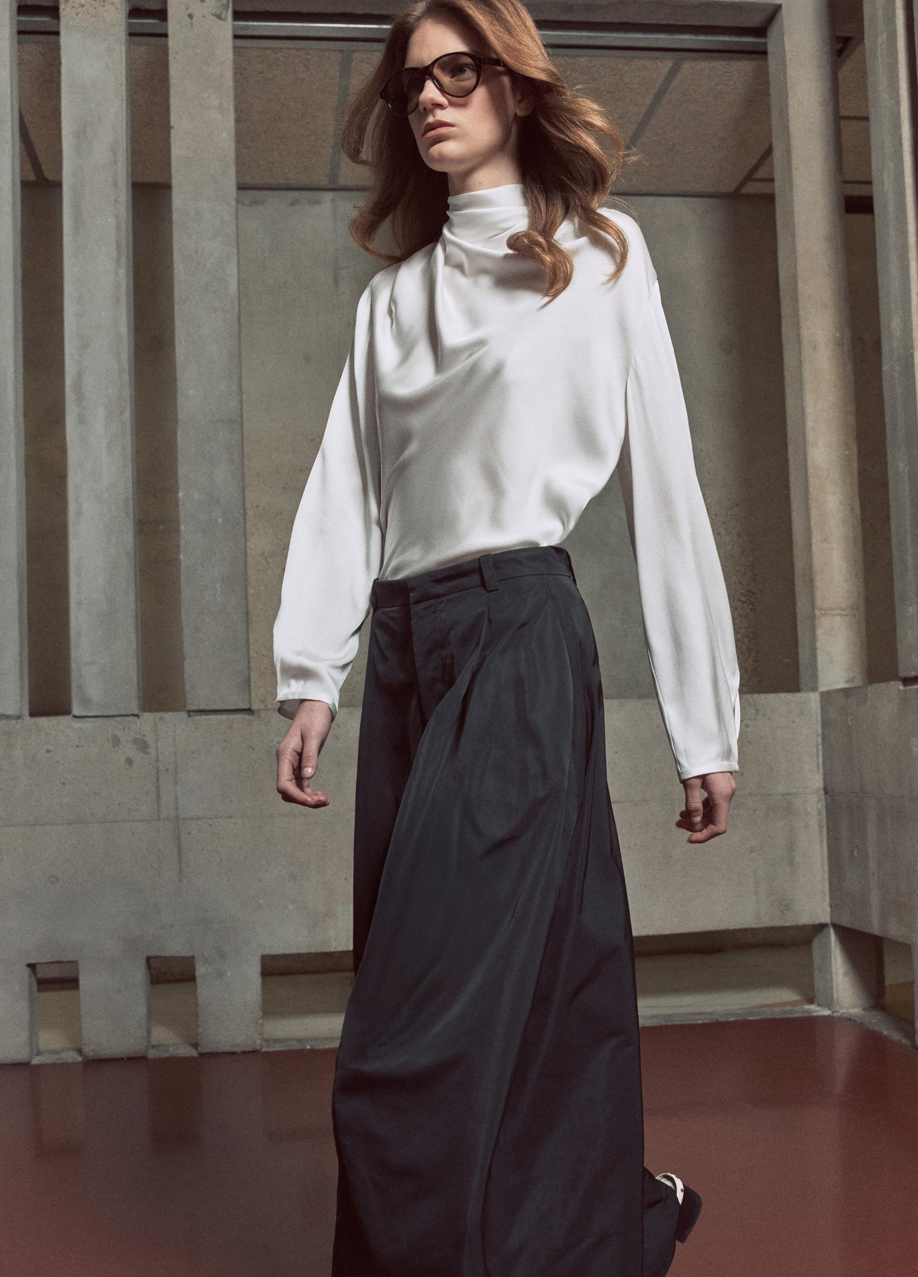 Silk-Blend Draped Cowl-Neck Long-Sleeve Top image number 4