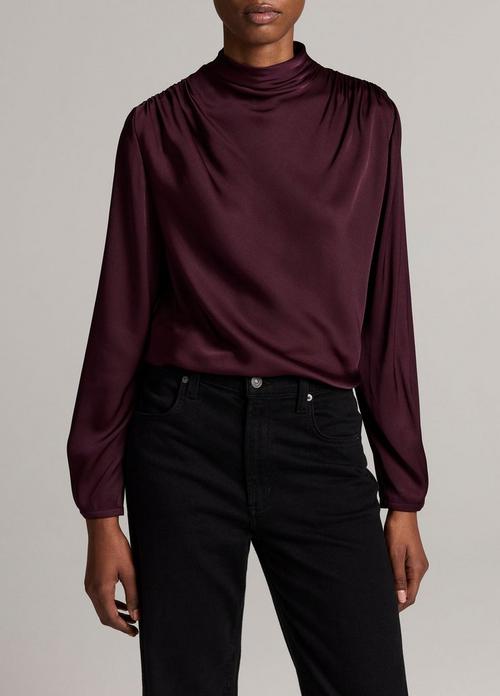 Silk-Blend Draped Cowl-Neck Long-Sleeve Top