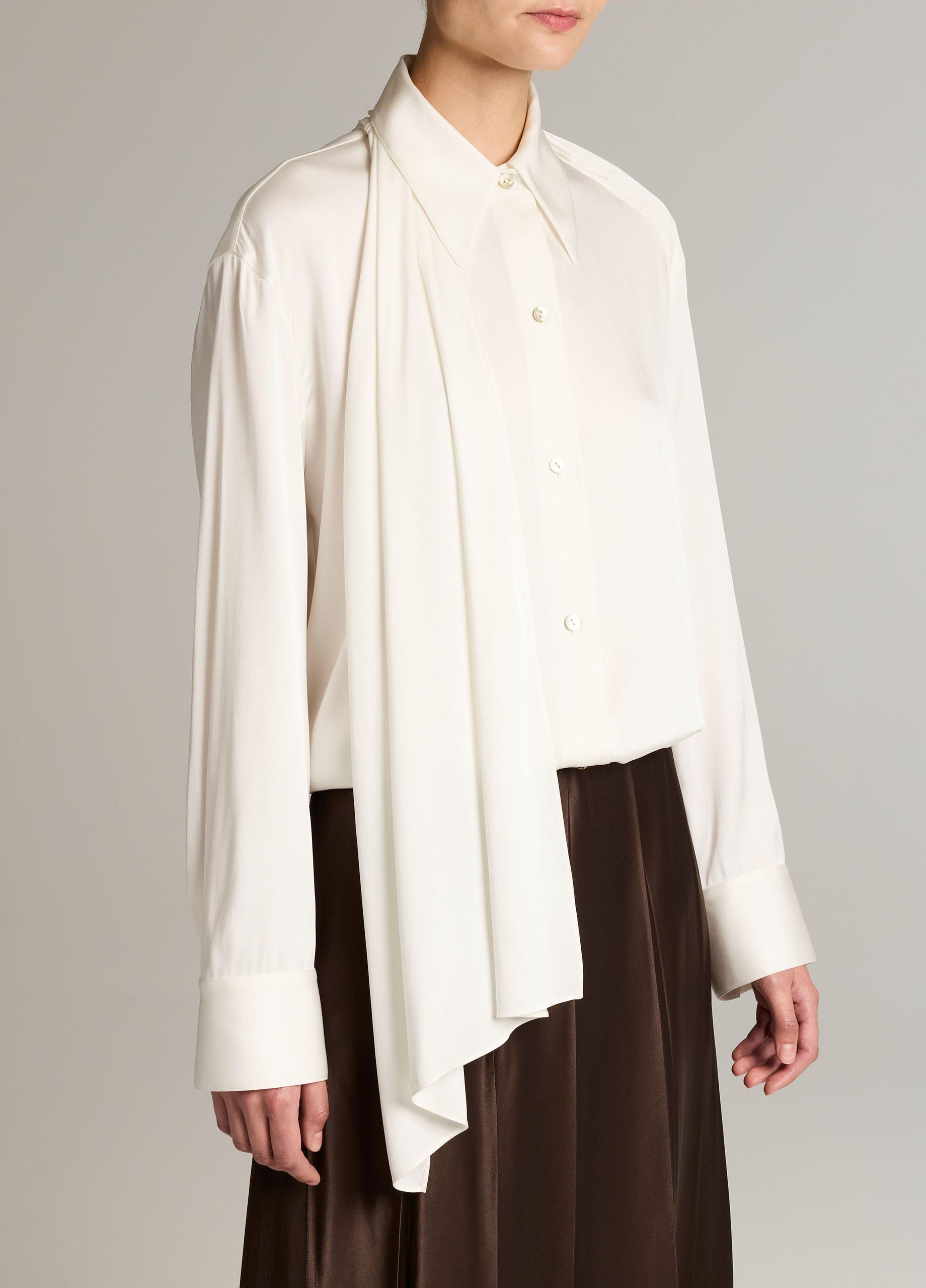 Silk-Blend Draped Scarf-Tie Button-Front Shirt image number 1