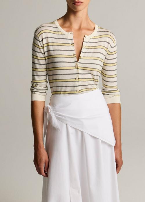 Striped Italian Cotton-Cashmere Three-Quarter-Sleeve Cardigan