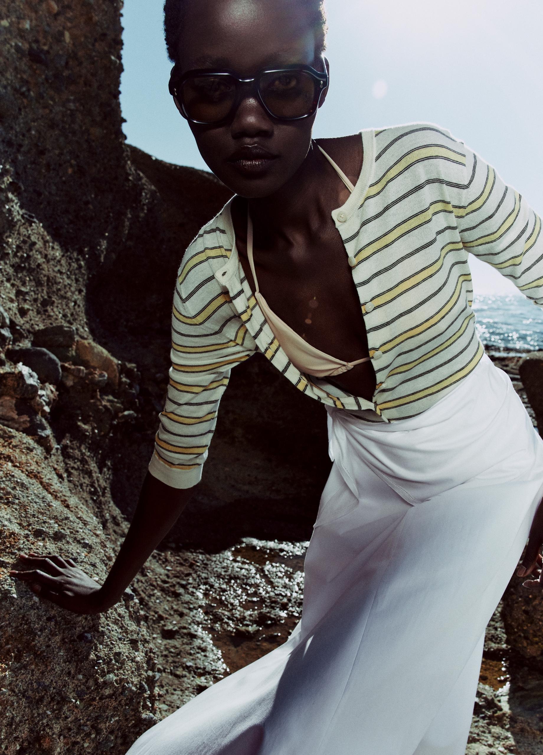 Striped Italian Cotton-Cashmere Three-Quarter-Sleeve Cardigan image number 5