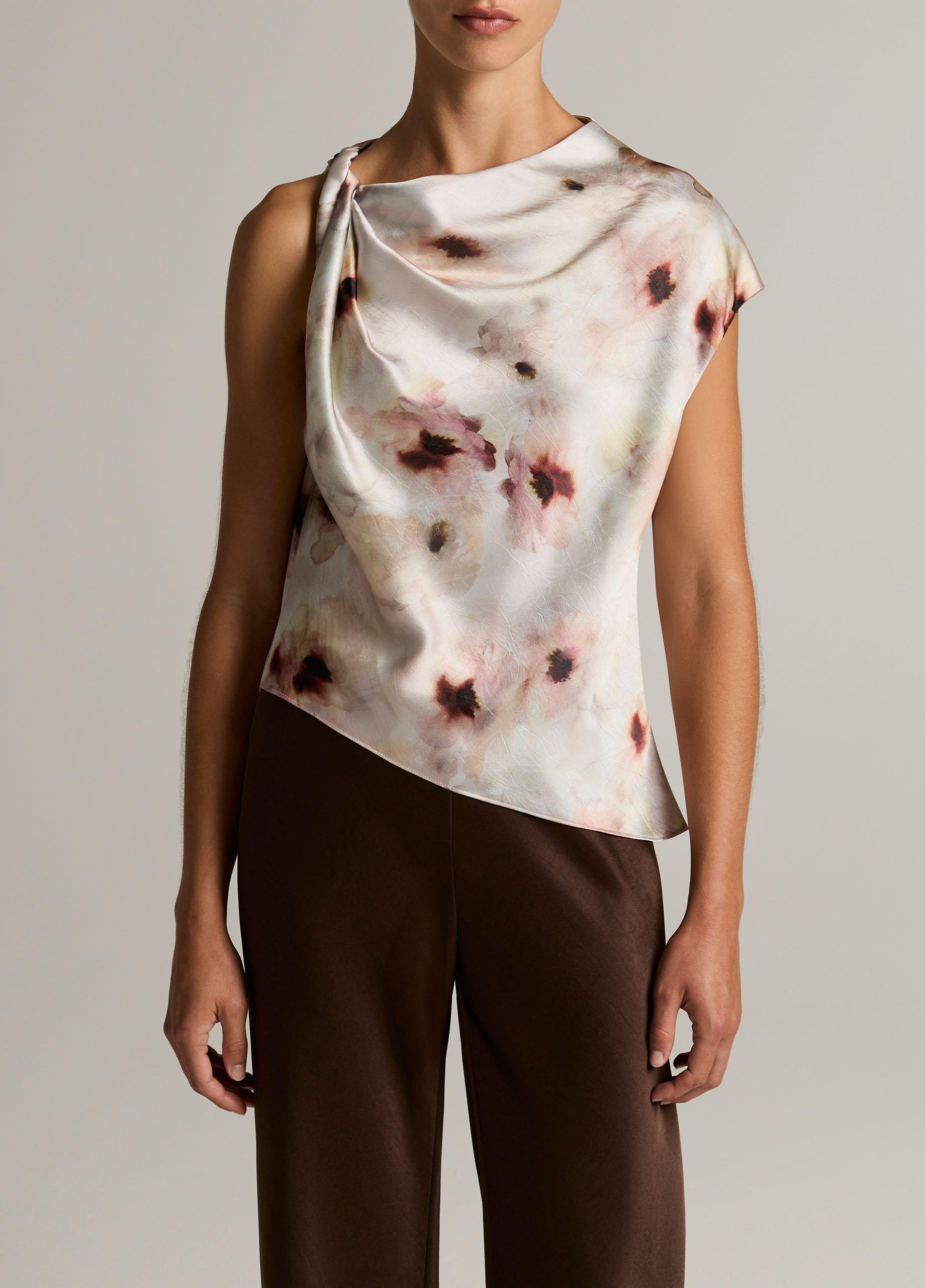 Watercolor Floral Satin Twist-Shoulder Top image number 0