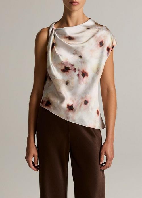 Watercolor Floral Satin Twist-Shoulder Top