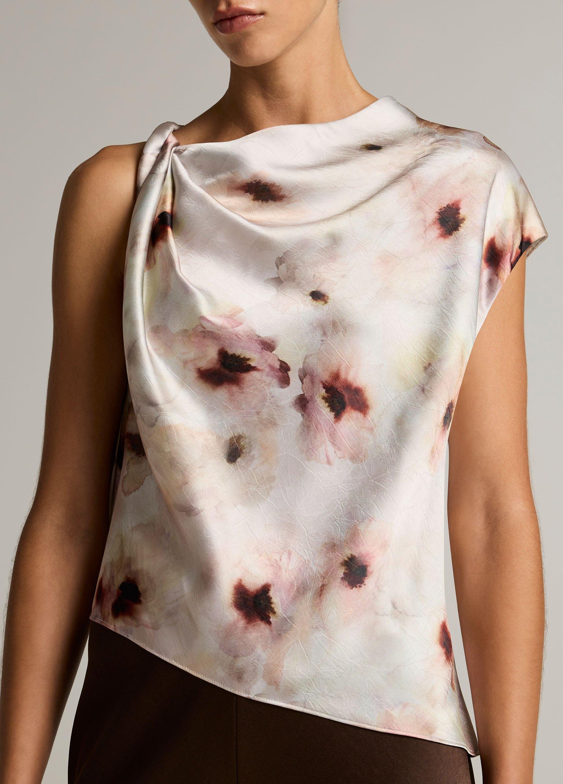 Watercolor Floral Satin Twist-Shoulder Top image number 1