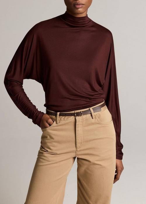 Draped Funnel-Neck Dolman-Sleeve Top