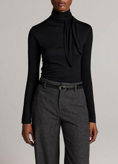 Jersey Tie-Neck Long-Sleeve Top