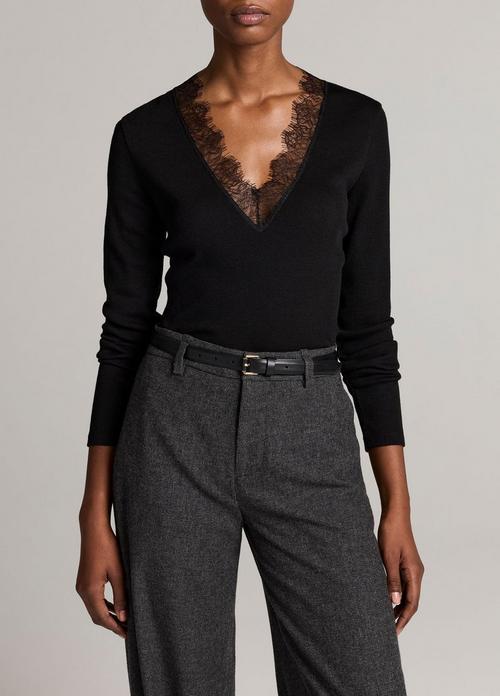 Lace-Trim Ribbed Long-Sleeve V-Neck Top
