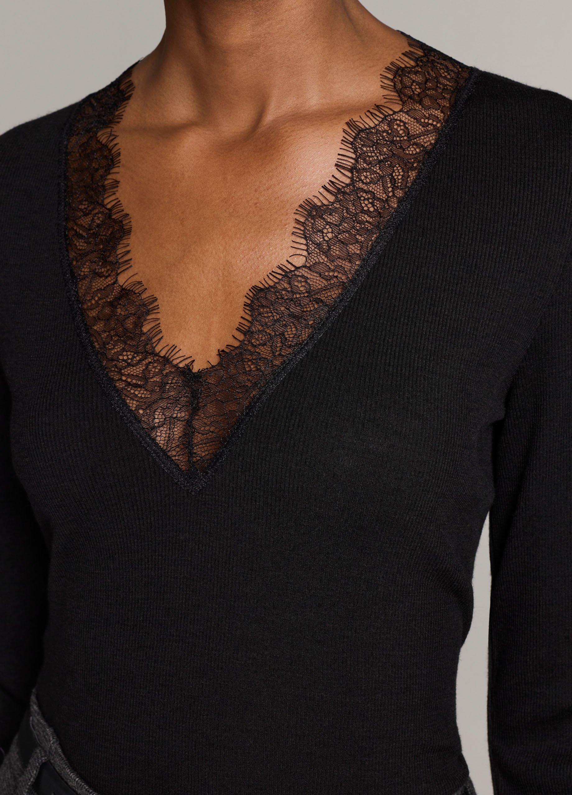 Lace-Trim Ribbed Long-Sleeve V-Neck Top image number 1