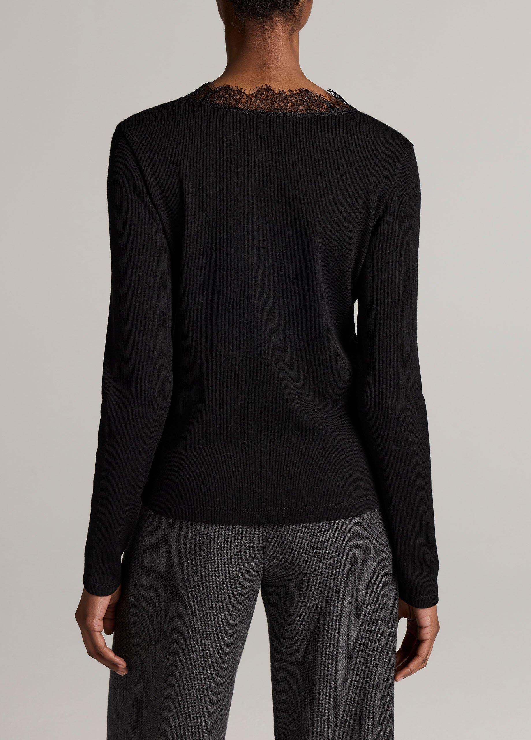 Lace-Trim Ribbed Long-Sleeve V-Neck Top image number 2