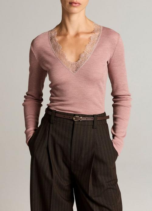 Lace-Trim Ribbed Long-Sleeve V-Neck Top