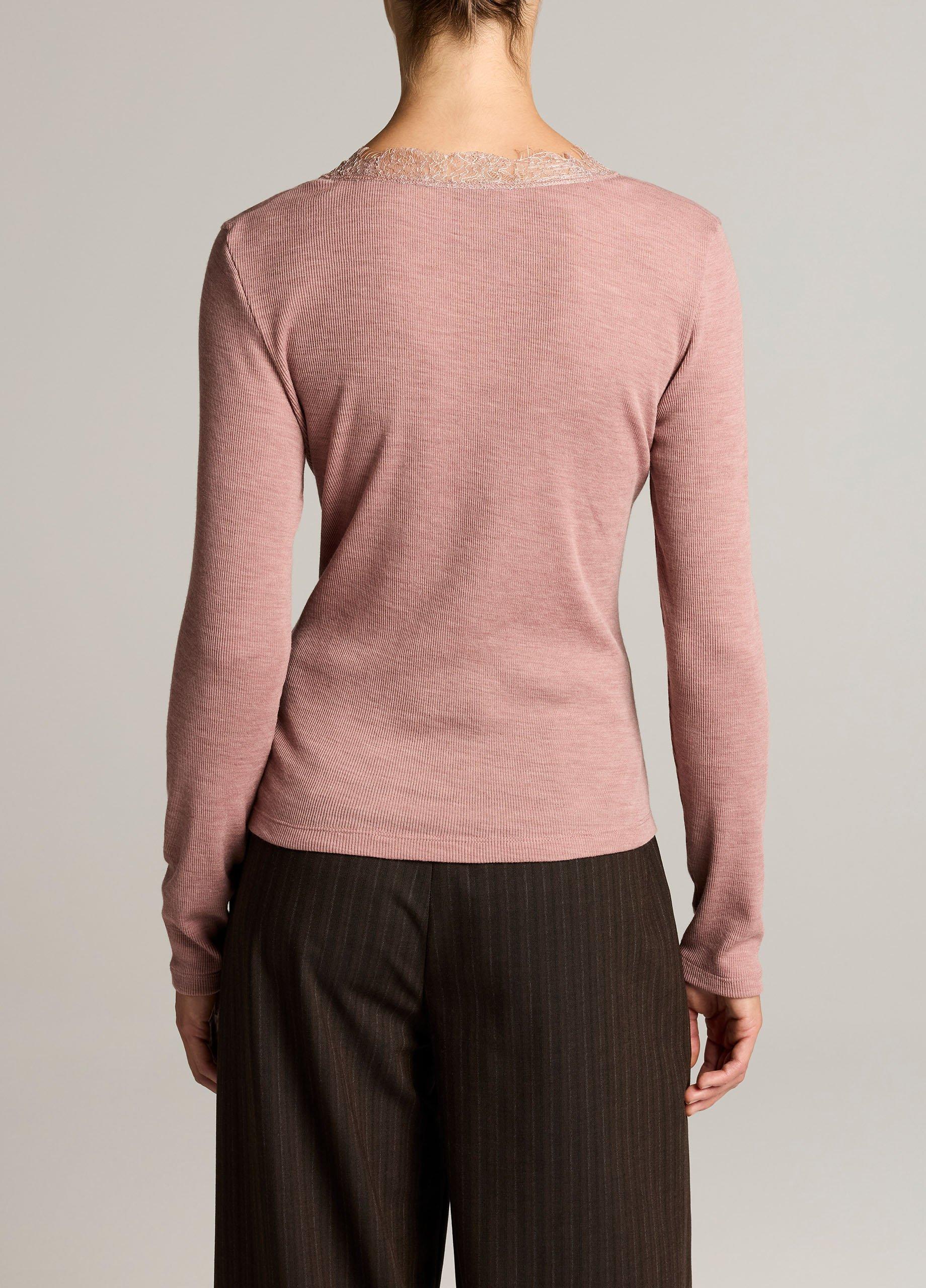 Lace-Trim Ribbed Long-Sleeve V-Neck Top image number 2
