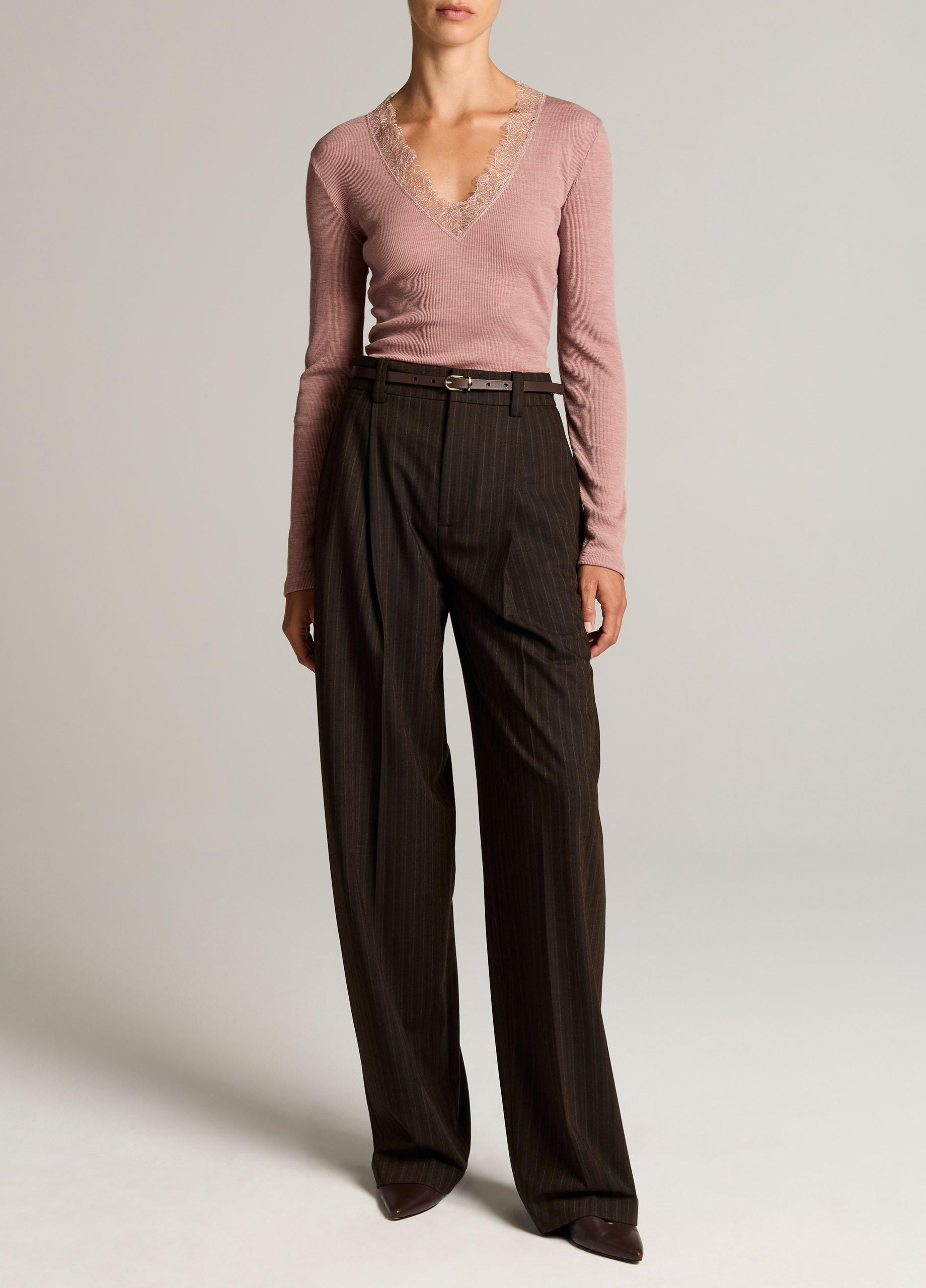 Lace-Trim Ribbed Long-Sleeve V-Neck Top image number 3