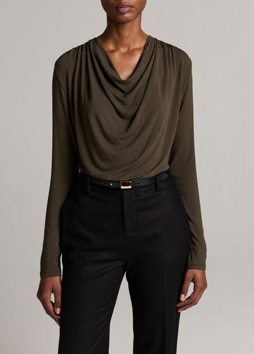 Jersey Draped Cowl-Neck Long-Sleeve Top