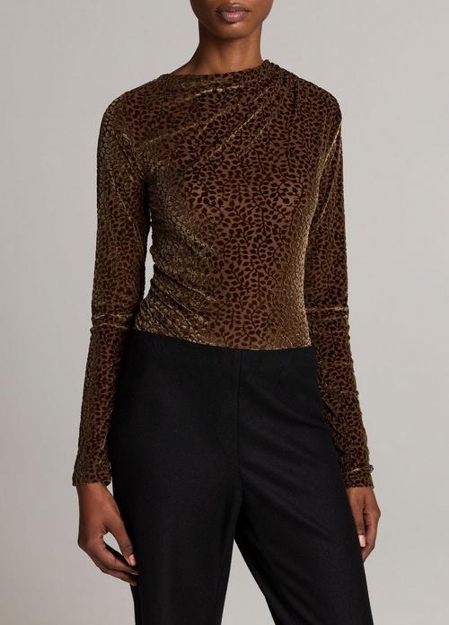 Velour Burnout Draped Long-Sleeve Top