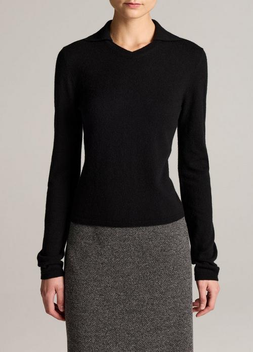 Merino Wool & Cashmere-Blend High V-Neck Polo Sweater
